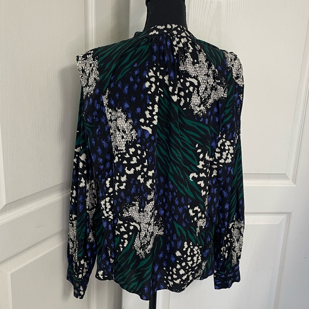 Veronica Beard Buckley Blouse shirt top stretchy silk US 10 blue green black - Picture 7 of 12